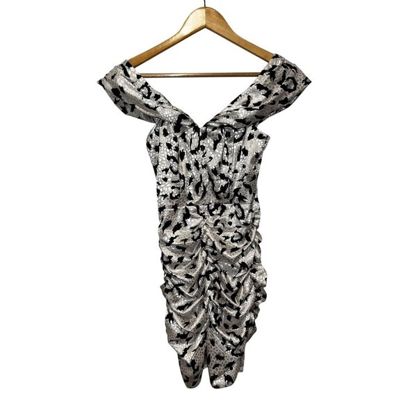 Lulus It's Fierce Ivory Leopard Print Satin Off-the-Shoulder Dress Women's Size - Picture 2 of 11